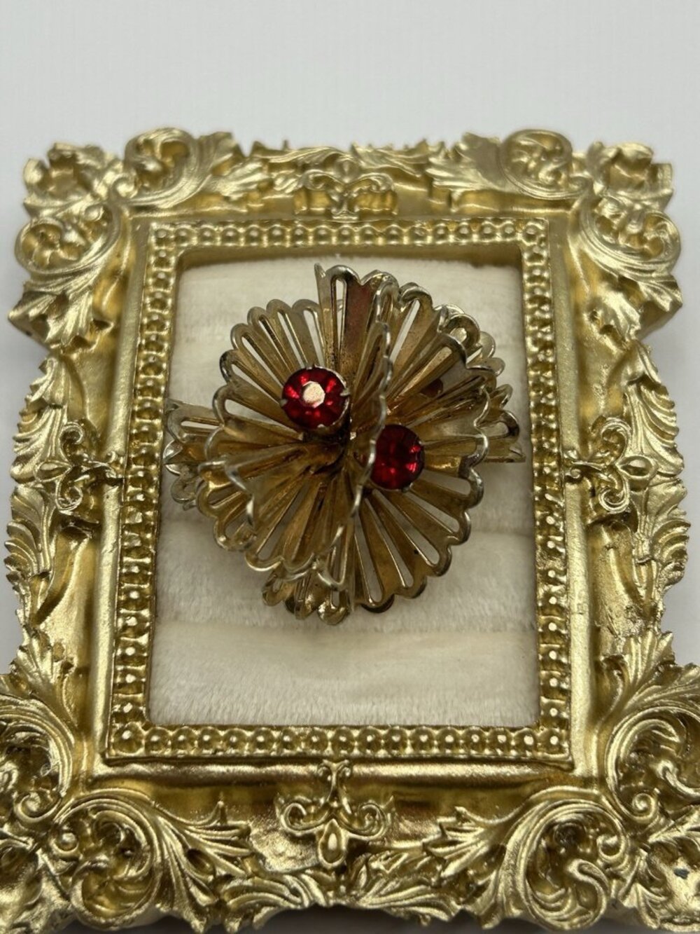 Vintage Barclay Gold Tone Flower Brooch Red Rhinestone Floral Pin MCM Retro Gift